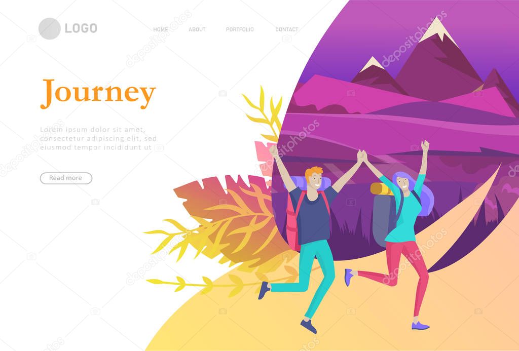 landing page template. People characters woman for hiking and trekking, holiday travel vector, hiker and tourism illustration. Happy Tourists travelling. Vector cartoon style