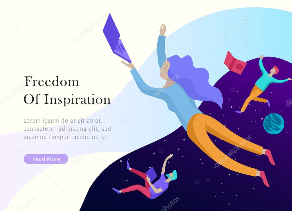 landing page templates set. Inspired People flying in space and reading books. Characters moving and floating in dreams, imagination and freedom inspiration. Flat design style
