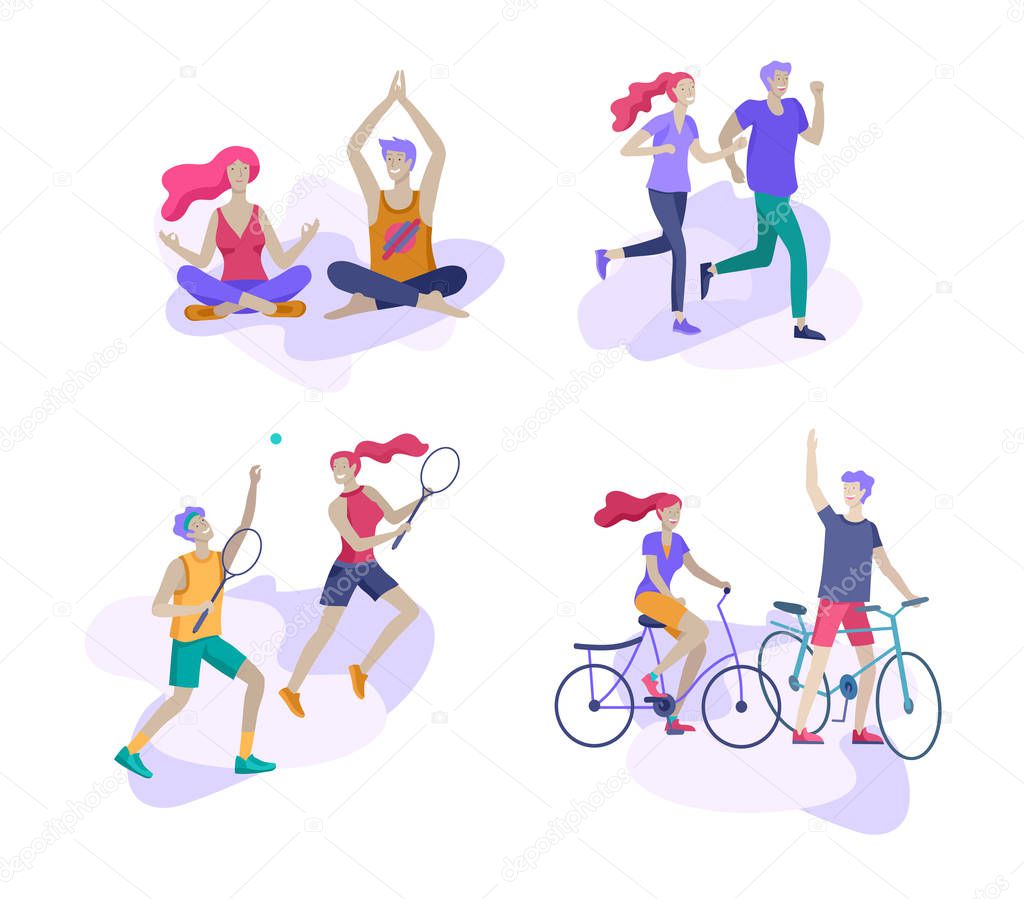 Happy Lover Relationship, scenes with romantic couple kissing, hugging, riding bicycle, walking, playing tennis, guitar, doing yoga, dansing. Characters Valentine day Set. Colorful vector