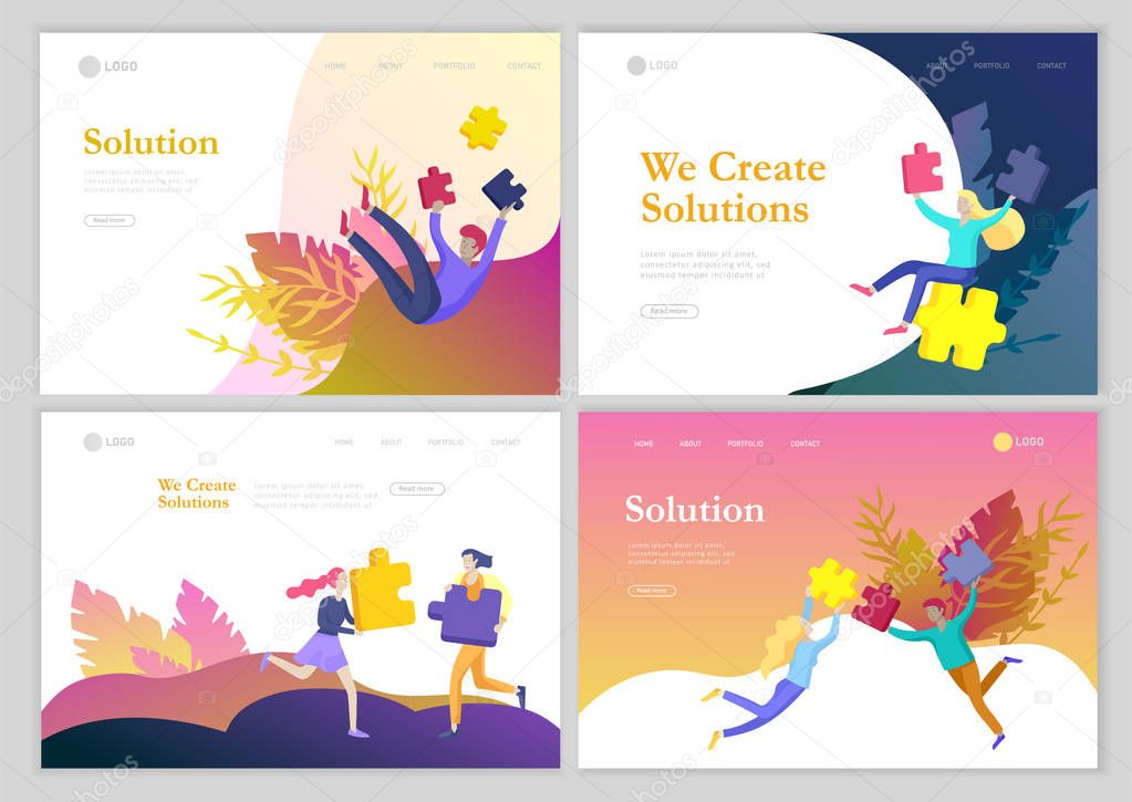 Vector character business people with infographic of puzzle have solution. Goal thinking. Cooperation by group to create a team. Concept for web design Colorful flat concept