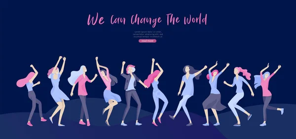 Modello di web design con Happy Woman dansing, per bellezza, motivazione dei sogni, Giornata internazionale della donna, concetto di femminismo, potere delle ragazze e diritti delle donne, illustrazione vettoriale — Vettoriale Stock