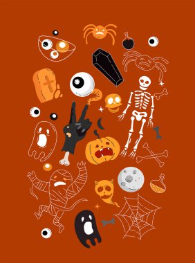 Helloween tebrik kartı ve afişi için vektör simgesi ve element koleksiyonu, parti işareti. İşaretli ve sembollü tasvir et. Düz tasarım çizgi film