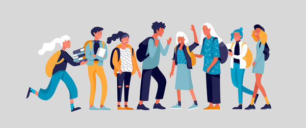 Happy teenagers and students. Group of friends character are laughing and talking. Stylish smiling teenage boys and girls. Young generation pupils