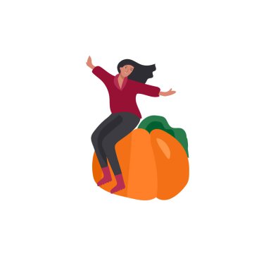 Ekinleri ya da mevsimlik hasatları toplayan kız olgun balkabağı topluyor. Kadınlar çiftlikte çalışır. Sonbaharda tarım işçisi. Çizgi film vektörü