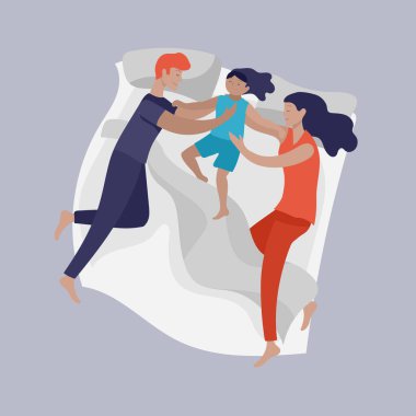 Uyuyan insan karakteri koleksiyonu. Çocuklu aile yatakta birlikte uyur ve farklı pozlarda, farklı pozlarda yalnız yatar.