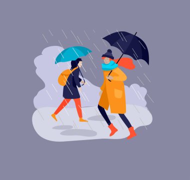 Çeşitli stil sahibi insanlar sokakta şemsiye altında sıcak kıyafetler giyer. Sonbahar yağmurlu hava. Renkli çizgi film