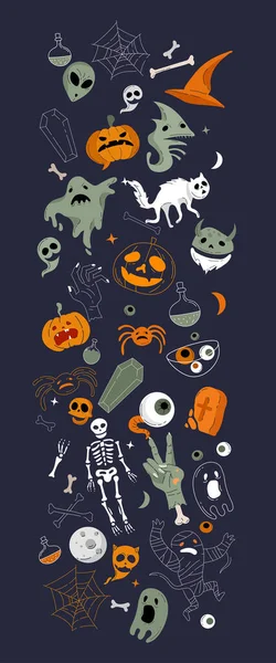 Icône vectorielle et collection d'éléments pour Helloween carte de vœux et affiche, panneau de fête. Illustration de concept avec signe et symbole. dessin animé design plat — Image vectorielle