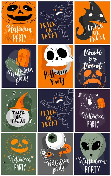 Halloween bakgrunder samling. Helloween gratulationskort och affisch, fest tecken. Begreppet illustration med tecken och symbol. Platt design tecknad film — Stock vektor