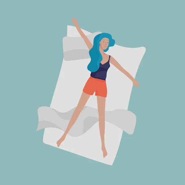 Sömnkvinna. Flickan sover ensam i sängen i avslappnande pose. Högst upp. Färgstark vektor — Stock vektor