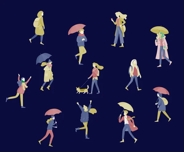 Various stylish people character go on street under umbrellas in warm clothes. Autumn rainy weather. Colored trendy cartoon — ストックベクタ