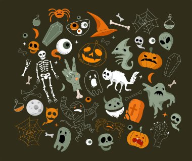 Helloween tebrik kartı ve afişi için vektör simgesi ve element koleksiyonu, parti işareti. İşaretli ve sembollü tasvir et. Düz tasarım çizgi film