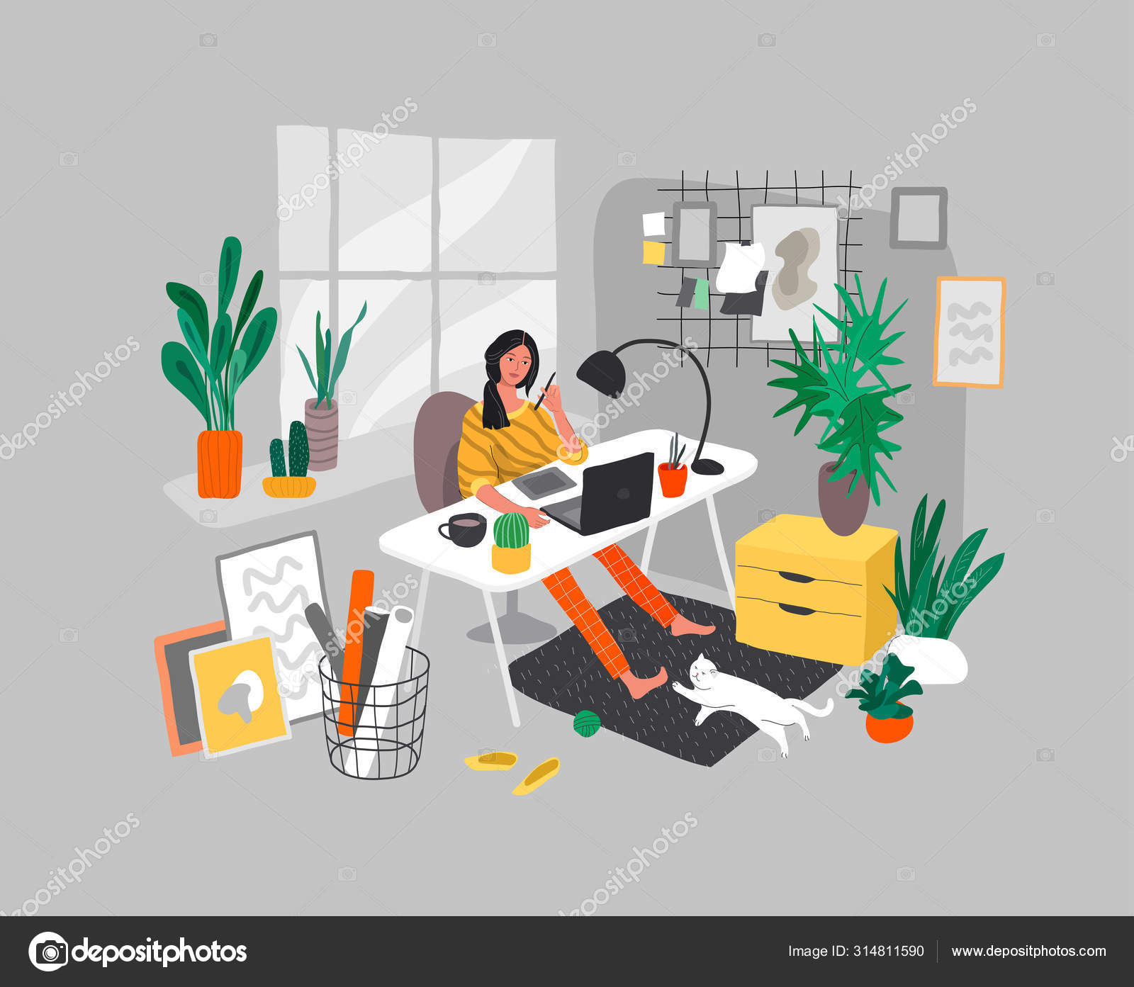 Freelancer designer girl working in nordic style home office with cat.  Daily life and everyday routine scene by young woman in scandinavian style  cozy interior with homeplants. Cartoon vector Stock Vector by ©, image size:1600x1393