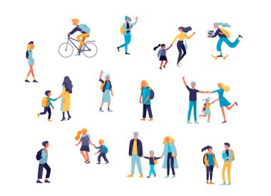 Okuldaki çizgi film setine geri dönüyoruz. Ergen ve ergen okul çocukları. Beyaz arka planda okula giden çocuk karakterli ebeveynler