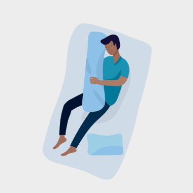 Uyuyan adam karakteri. Oğlanlar yatakta rahat bir şekilde uyurlar. Üst Manzara. Renkli vektör