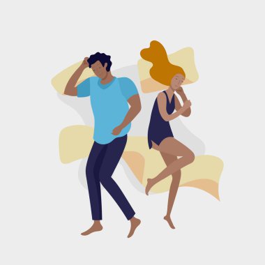 Uyuyan insan karakteri koleksiyonu. Çocuklu aile yatakta birlikte uyur ve farklı pozlarda, farklı pozlarda yalnız yatar.