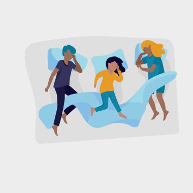 Uyuyan çocuk karakteri. Oğlan ve kız yatakta birlikte uyur ve çeşitli pozlarda yalnız uyurlar, gece uykusunda farklı pozlarda. Üst görünüm