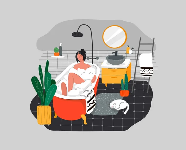 Girl relaxes in bath with foam and sleeping cat. Daily life and everyday routine scene by young woman in scandinavian, style cozy bathroom with homeplants. Cartoon vector — Stock Vector