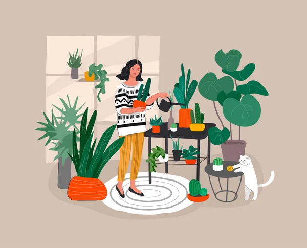 Menina cuidando de plantas de casa no jardim urbano com gato. Vida diária e cena de rotina diária por jovem mulher em escandinavo, interior aconchegante estilo com plantas de casa. Vetor dos desenhos animados — Vetor de Stock