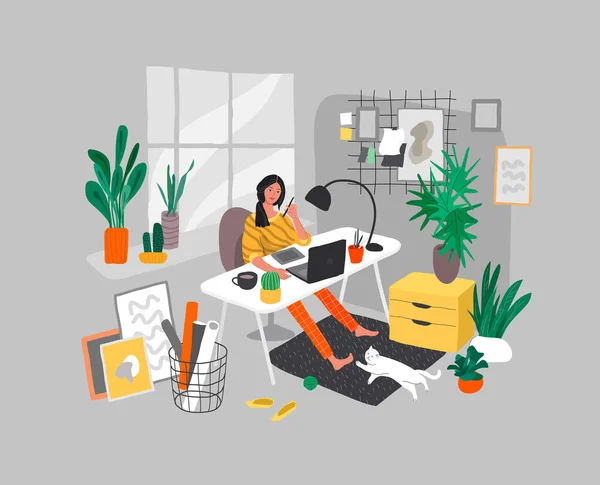 Freelancer designer girl working in nordic style home office with cat. Daily life and everyday routine scene by young woman in scandinavian style cozy interior with homeplants. Cartoon vector — Stock Vector
