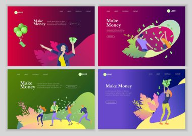 Açılış sayfası şablonu para ile mutlu insanlar, hareket halinde karakterler para kazanmak. İş yatırımı, para yağmuru, erkek ve kadın kar ile koşmak, faturaları yakalamak. Karikatür tarzı, düz vektör