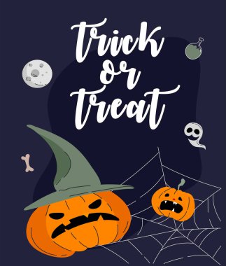 Cadılar Bayramı arkaplan koleksiyonu. Cadılar Bayramı tebrik kartı ve afişi, parti işareti. İşaretli ve sembollü tasvir et. Düz tasarım çizgi film