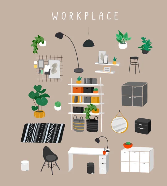 Set para oficina en el lugar de trabajo o en el hogar con muebles cómodos y elegantes y decoraciones modernas en estilo escandinavo o hygge de moda. Acogedor Interior amueblado plantas del hogar. Vector plano de dibujos animados — Archivo Imágenes Vectoriales