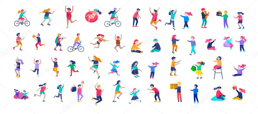 Illustration of children playing and doing activities, kids with gadgets, running, jumping and with bags and gift