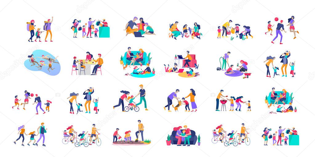 Collection of family hobby activities . Mother, father and children teach daughter to ride bike, play with dog corgi, read book and teach child, gardening and plant sprouts. Cartoon illustration