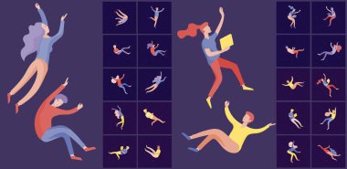 Uzayda uçan, cihazlarla ve kağıtlarla etkileşim kuran insanlara ilham verdi. Karakterler rüyalarda, hayal gücünde ve ilhamda hareket eder ve yüzer. Düz tasarım biçimi, vektör illüstrasyonu.