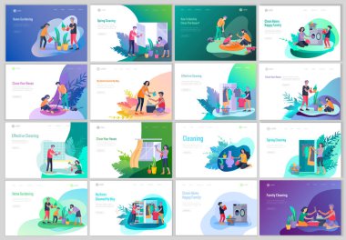 İniş sayfası insanların ev temizliği, bulaşık yıkama, katlama giysileri, temizlik penceresi, halı ve zemin, temizlik tozu, su çiçeği. Vektör illüstrasyon çizgi film biçimi