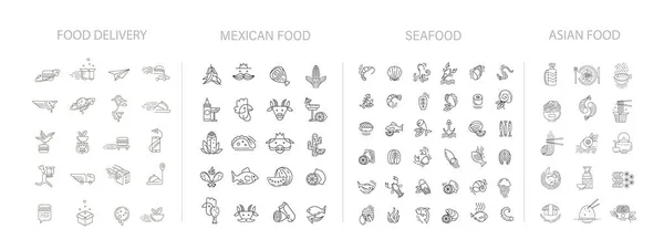 亚洲人 日本人 海鲜和墨西哥人的矢量图标和标识收藏 送食物 可编辑的笔划尺寸 线条扁平 细长而线性的设计 简单的图标 — 图库矢量图片