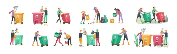Personnes Enfants Recycler Trier Les Déchets Organiques Dans Différents Contenants — Image vectorielle
