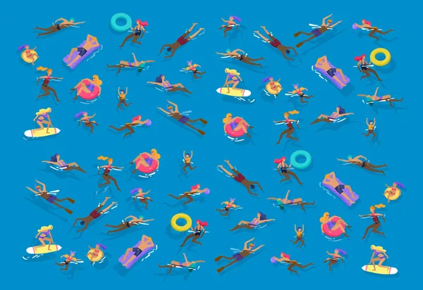 Люди Семьёй Детьми Море Бассейне Океане Мужчины Женщины Плавают Купальниках — стоковый вектор