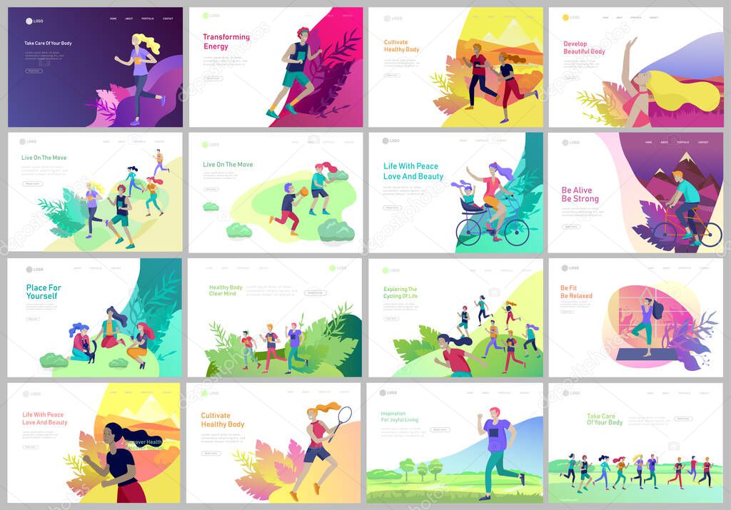 Landing page template with People running, riding bicycles, man doing yoga. People performing sports outdoor activities at park or Nature, healty life style concept. Cartoon illustration