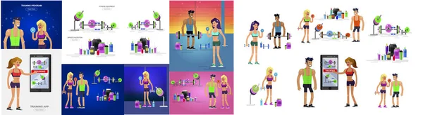 Gym Design Concept Met Vector Gedetailleerde Karakter Mannen Vrouwen Bodybuilder — Stockvector