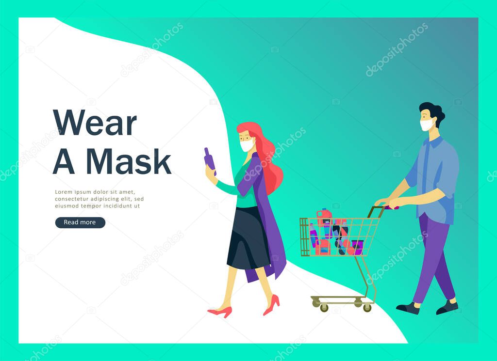 Wear mask, protect yourself and your family concept of coronavirus prevention. Woman and man in supermarket buy food. Protection and revention of 2019-nCoV, banner and landing page, vector