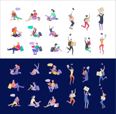 Çevrimiçi eğitim, eğitim ve kurslar için dışarıdaki insanları okumak ve mutlu bir şekilde rahatlamak. Modern vektör illüstrasyonu, çizgi film karakterleri