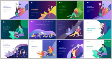 Açık havada rahat öğrenen insanların olduğu web sayfası tasarım şablonları ve online eğitim, eğitim ve kurslar için mezun olmak. Web sitesi için modern vektör illüstrasyon kavramları