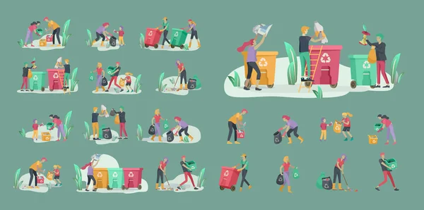 people and children Recycle Sort organic Garbage in different container for Separation to Reduce Environment Pollution. Family with kids collect garbage. Environmental day vector cartoon illustration