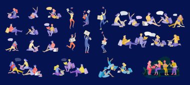 Çevrimiçi eğitim, eğitim ve kurslar için dışarıdaki insanları okumak ve mutlu bir şekilde rahatlamak. Modern vektör illüstrasyonu, çizgi film karakterleri