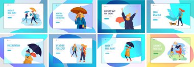 İnsanlar çeşitli hava koşullarında karakterler. Erkek ve kadın mevsimlik giysiler içinde ve yağmur, kar ve yaz sıcağında sokakta yürümeyi seviyor. Renkli vektör karikatürü