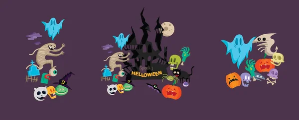 Icône vectorielle et collection d'éléments pour Helloween carte de vœux et affiche, panneau de fête. Illustration de concept avec signe et symbole. dessin animé design plat — Image vectorielle