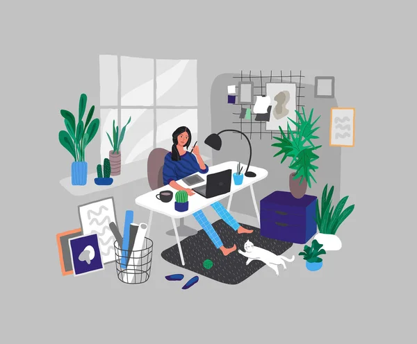 Freelancer diseñadora chica trabajando en casa de estilo nórdico oficina con gato. La vida cotidiana y la escena cotidiana de rutina por la mujer joven en el estilo escandinavo acogedor interior con plantas de interior. vector de dibujos animados — Archivo Imágenes Vectoriales