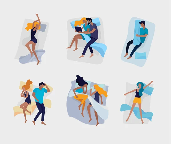 Conjunto de personajes de personas durmiendo. Hombre mujer y familia son dormir en camas — Vector de stock