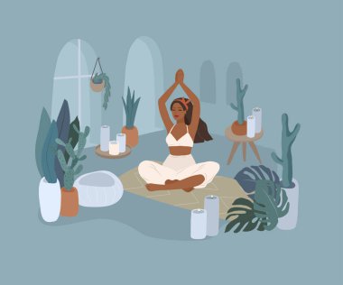 Yoga pozları veren tatlı bir kız. Ev bitkileriyle iç mekanlarda yaşayan genç bir kadının yaşam tarzı. Çizgi film vektörü