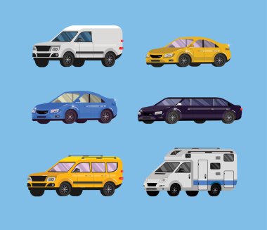 Düz araba seti. Nakliye aracı, limuzin, aile arabası, sedan ve kamyon. Vektör