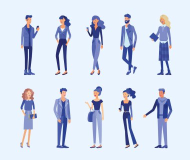 Detaylı iş adamları. Aletleri, sırt çantaları ve şık giyimli kitapları olan kadın ve erkek. Düz vektör