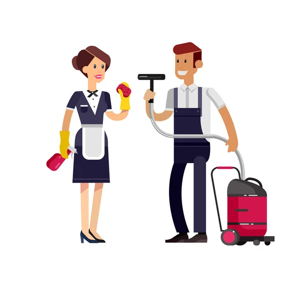 Vector detailed character professional housekeeper. Cleaning service and supplies — Stock Vector