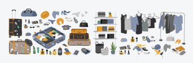 Gardırop seti. Dolaptaki mobilyaların içinde. Çeşitli çantalar, ayakkabılar, kozmetik ürünler ve moda çamaşır makinesi. İskandinav tasarım tarzında iç işler. El çizimi yalıtılmış elementler Çizgi film vektörü