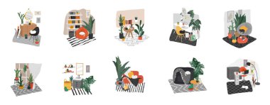 İç tasarım için sayfa şablonu indiriliyor. El yapımı İskandinav tarzı banyo, ev ofisi ve oturma odası. Ev bitkileriyle İskandinav tarzı iç mekanlar. Çizgi film vektörü